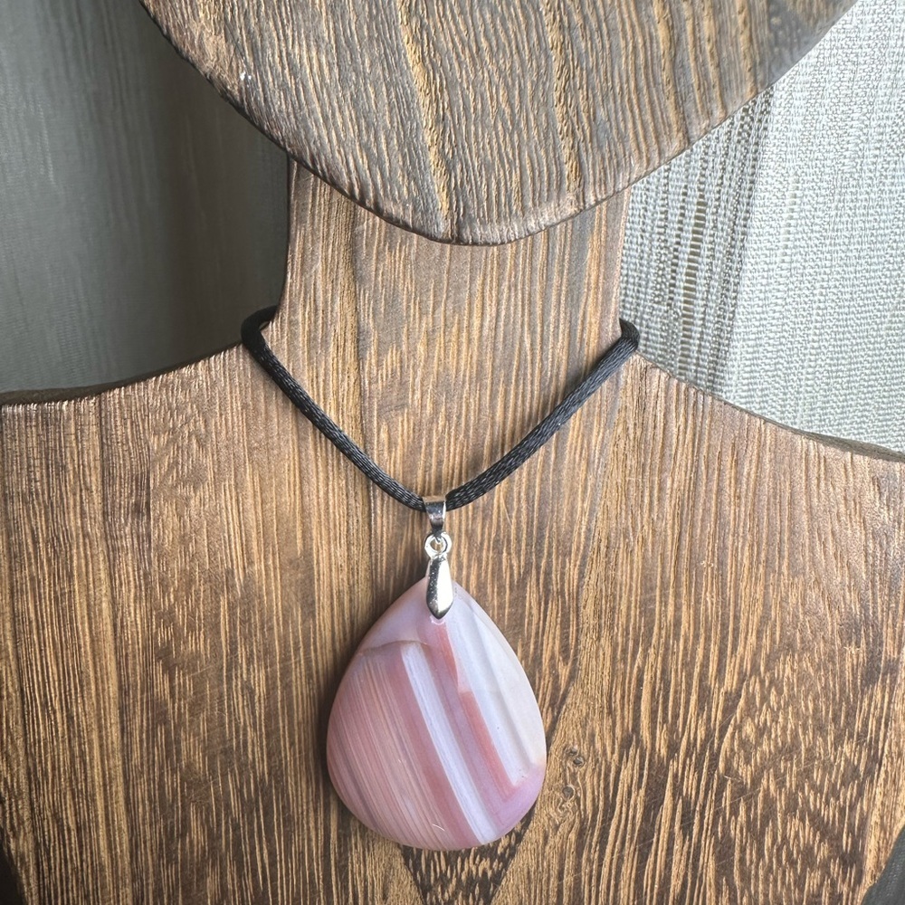 Pink Teardrop Agate Pendant Necklace with Black Cord - Picture 3 of 12